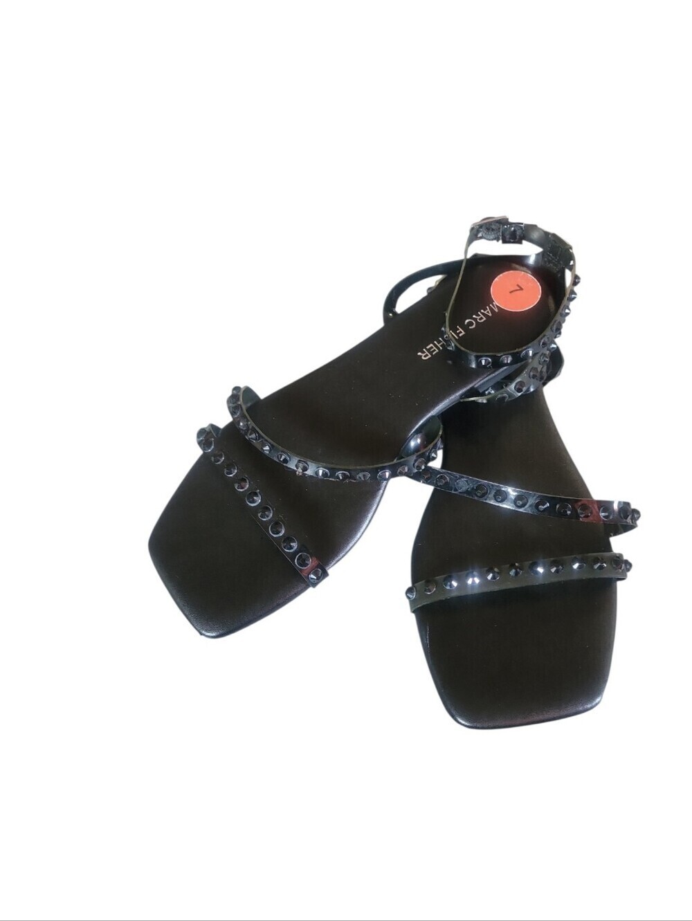 Marc Fisher Fonoo Black Studded Multi-Strap Square Toe Embellish Flat Sandals 7 - Picture 2 of 6